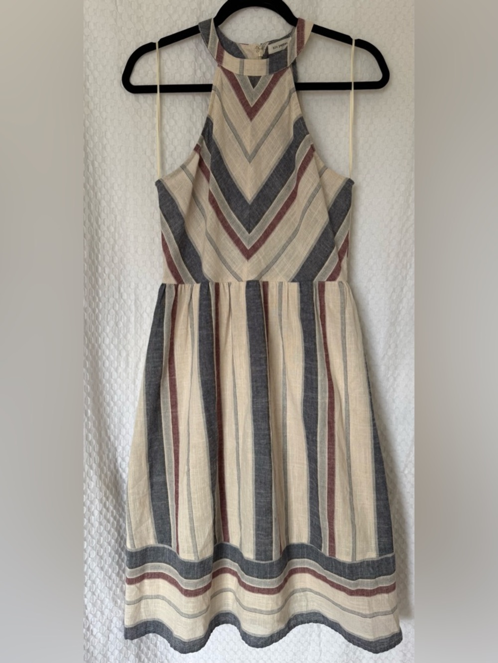 Striped Halter Mini Dress Boho Cotton Fit Flare Neutral Blu Pepper M